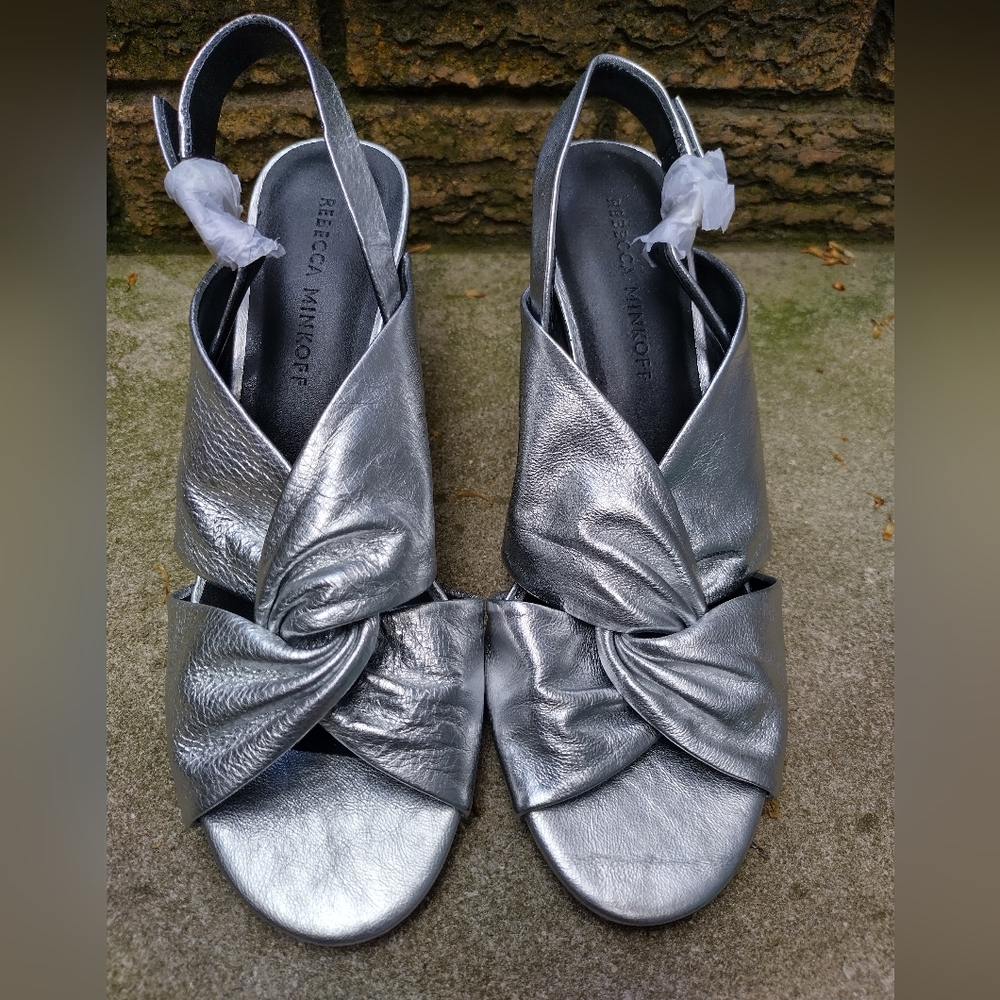 Rebecca Minkoff open toe sandal with round block heel.